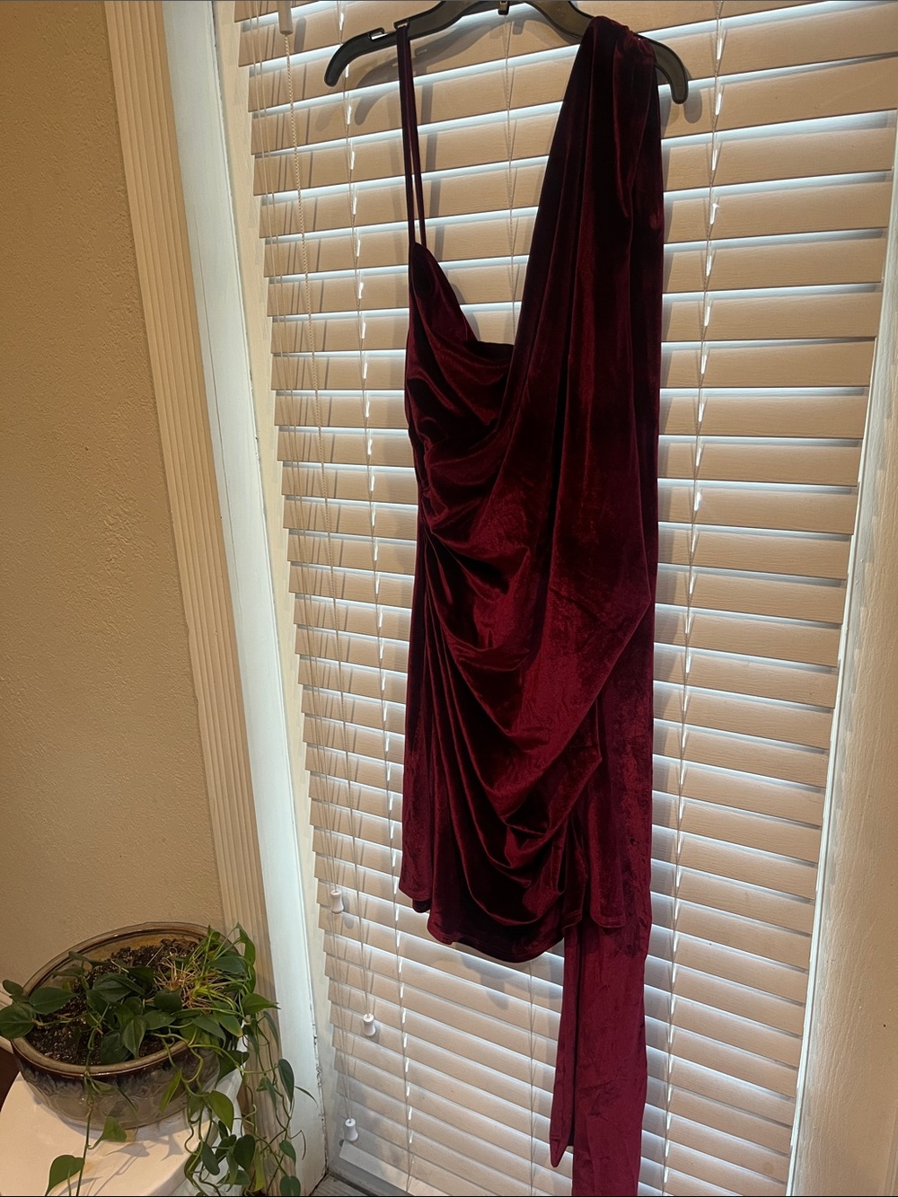 ASOS Burgundy Velvet Draped One-Shoulder Dress